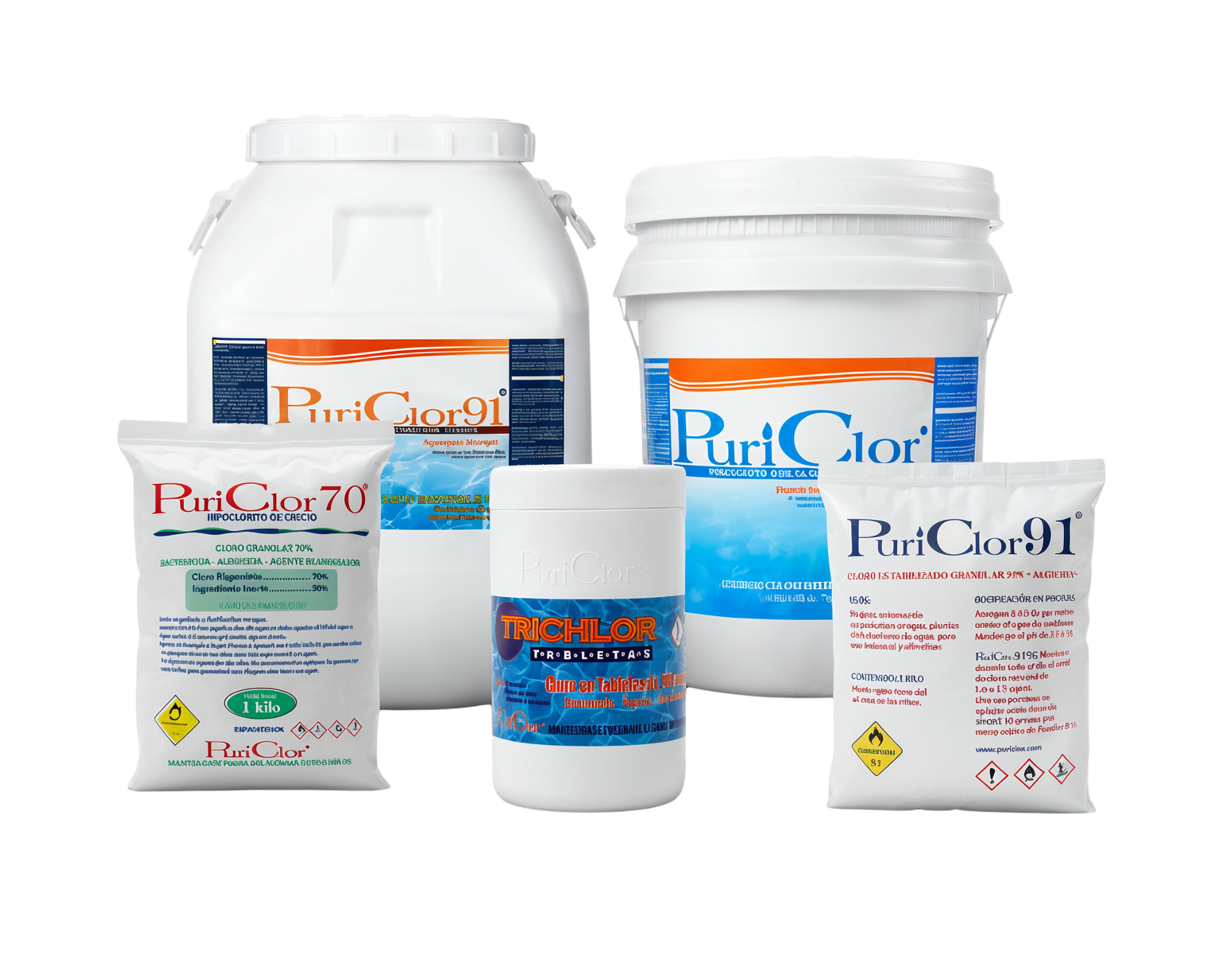 Productos Puriclor: cloro granular 70%, cloro granular 91% y tabletas
